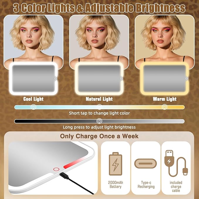 Large Travel Makeup Bag with LED Mirror, 3-Color Stepless Dimming Stand Mirror Detachable, with Adjustable Divider, Makeup Brush Holder Storage (Leopard)