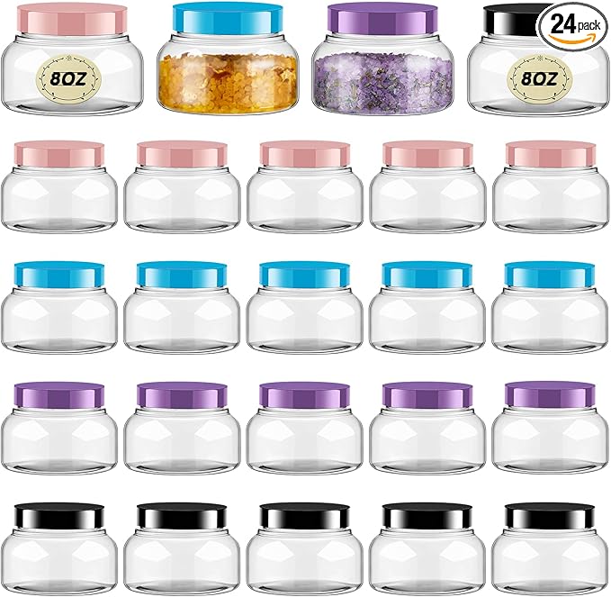 Tessco 24 Pack Plastic Jars with Lids Labels Empty Clear Plastic Jars Round Refillable Cosmetic Containers Body Butter Containers Bulk Sugar Scrub Bottle for Make Up(8 oz,Multicolor)