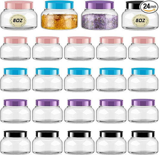 Tessco 24 Pack Plastic Jars with Lids Labels Empty Clear Plastic Jars Round Refillable Cosmetic Containers Body Butter Containers Bulk Sugar Scrub Bottle for Make Up(8 oz,Multicolor)