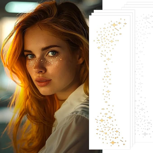 Glitter Freckles Face Tattoo 6 Sheets Face Makeup Patches Gold & Silver Star Fake Freckles Cute Glitter Makeup Accessories for Women Girls