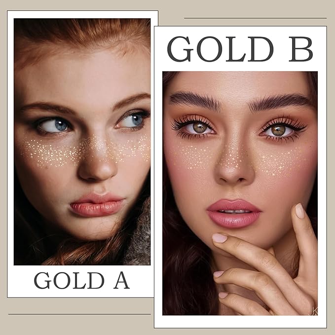 Face Glitter Freckles Tattoo, Glitter Face Makeup Patches, Body Glitter Sparkle Freckles Stickers for Women Kid, Festival Concert Carnival Party Halloween Decor Rave Outfits, 24PCS Gold Glitter