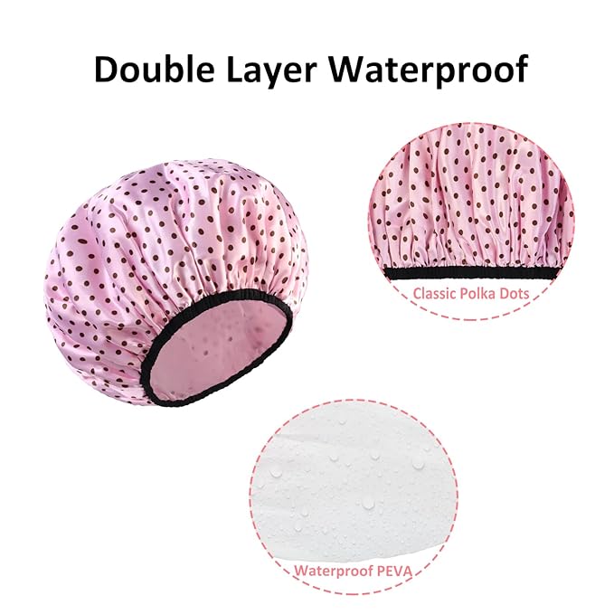 2-Pack Reusable Waterproof Shower Caps for Women, Double-Layer Elastic Bath hat,Extra Large Hair Cap for Long Curly Hair（Black, Pink）