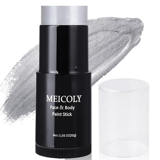MEICOLY Silver Face Body Paint Stick(1.06 Oz),Blendable Face Paint Stick for Halloween Tin Man Special Effects SFX Cosplay,Sweatproof Waterproof Eye Black for Baseball/Softball/Football
