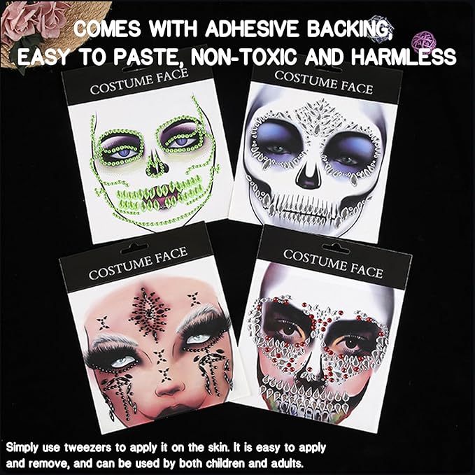 4 Pcs Halloween Face Gems Tattoos,Day of the Dead Face Temporary Skull Halloween Rhinestone Face Jewels Tattoos Body Makeup Stickers for Halloween Rave Party
