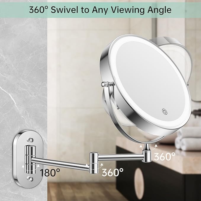 FUNTOUCH 2500mAh Rechargeable Wall Mounted Lighted Makeup Vanity Mirror 8 Inch Double Sided 1X 20X Magnifying Bathroom Mirror, 3 Color Lighting, Touch Dimming, Extended Arm 360° Light up Mirror