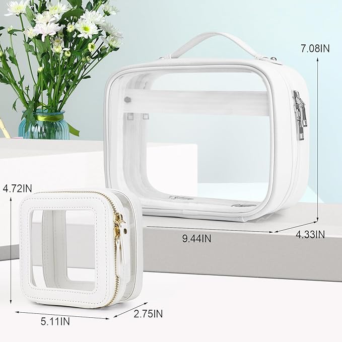 Pinkmik Travel Makeup Bag Set Portable Clear Cosmetic & Toiletry Case Women's Purse Organizer and Car Essentials with Zipper (White, M+MINI-2)