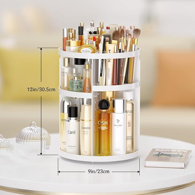 Makeup Organizer 360 rotating, Adjustable Skincare Organizers with Brush Holder, Cosmetics Display Cases for Vanity Bathroom Countertop Large Capacity Carousel Make up Caddy Shelf (White)