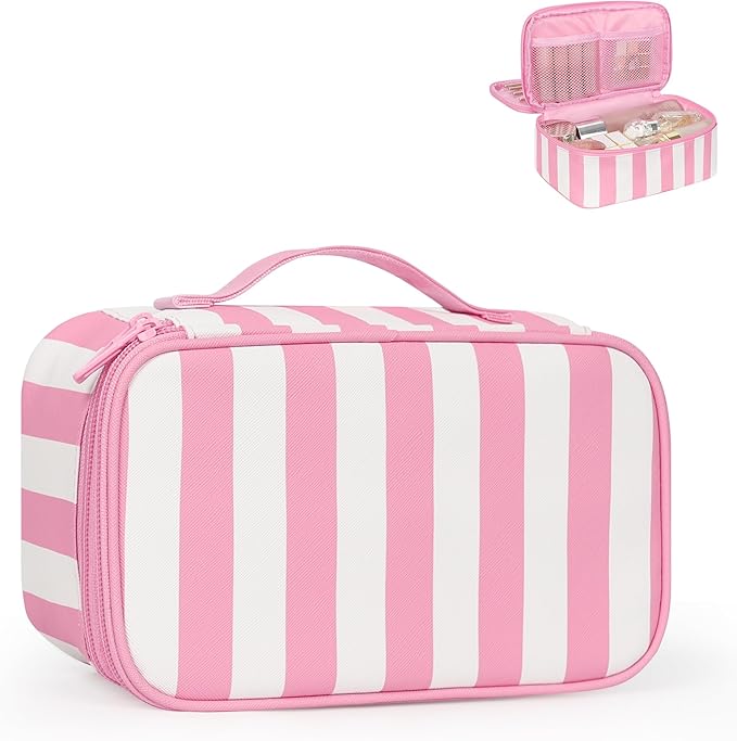 Relavel Travel Makeup Bag, Small Floral Cosmetic Bag with Makeup Brush Compartment, Portable Makeup Pouch for Women, Double Layer Makeup Organizer Bag Cute Toiletry Bag, Wide Strip