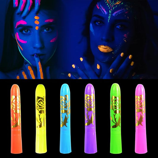 6Pcs Glow in The Dark Body Face Paint Neon Glow in The Black Light UV Fluorescent Crayons Paint Sticks Makeup Kit for Kids Adults Halloween Masquerade Mardi Gras Blacklight Birthday Party