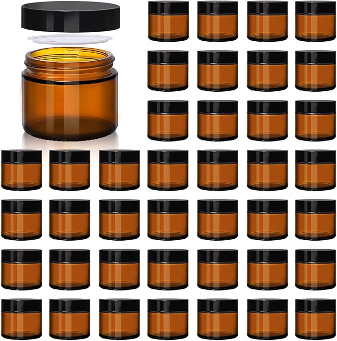 2oz Amber Glass Jars with Lids - 40 Pack Leakproof Small Cosmetic Containers with Inner Liners, Wide-Round Smooth Mouth, Sealable for Creams, Lotions, Essential Oils, Body Butter, Travel Samples