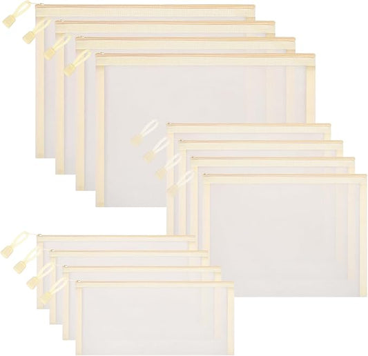 12 Pieces Zipper Nylon Mesh Pouch, Mesh Cosmetic Bags Makeup Bags Pencil Case, Multipurpose Travel Bags for Cosmetic School Office Supplies and Travel Accessories (Beige, Assorted Sizes)