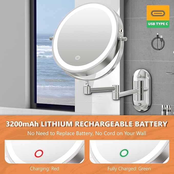 1X/30X Wall Mounted Makeup Mirror with Light, 8" Rechargeable Double-Sided Magnifying Mirror, Vanity Mirror Dimmable 3 Color Light, 360° Extension Rotation Foldable 14.5 Inch Arm, Chrome
