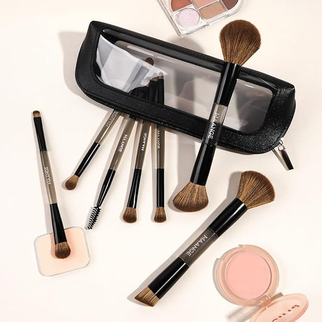 MAANGE 7 PCS Foundation Makeup Brush Set With Bag, Make up Brushes, Eyeshadow Concealer Brush, Double-ended Foundation Contour Powder Blush, Professional Face brush Set Tools For Liquid,Cream (Black)