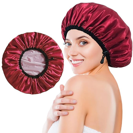 Shower Cap for Women, Large Shower Caps Reusable Waterproof with Elastic Band, Silky Satin Double-layer Bath Cap for Braids Long Hair