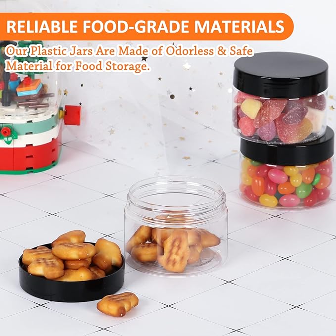 Clear 4 oz Plastic Jars with Lids & Labels - Refillable Cosmetic Small Containers with Black Screw Lid/Slime Containers (4 fl.oz, 48Pack)