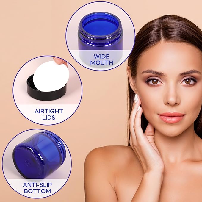 2 oz Blue Glass Jars with Lids 24Pack, Small Jars with Lids 2 oz with Inner Liners for Sample, Powder, Cream, Lotion and Ointments with Stickers & Spatulas Included