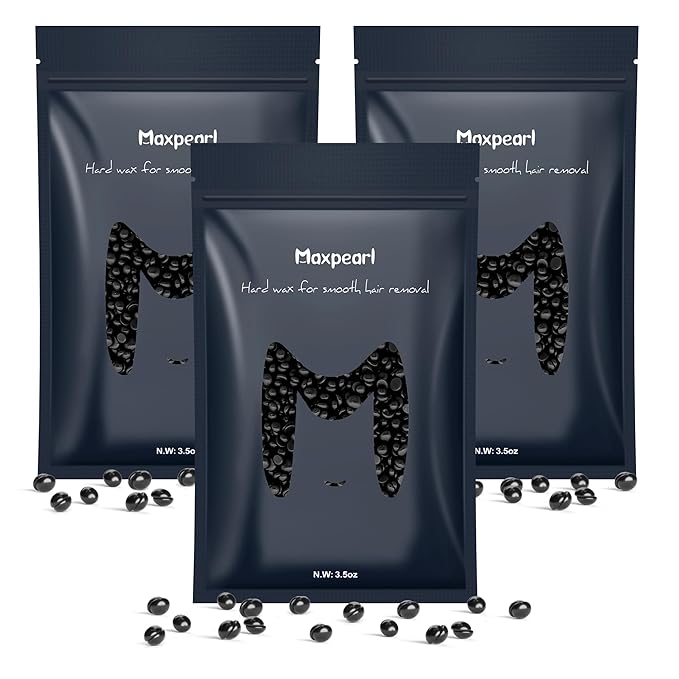 Maxpearl Hard Wax Beads, Pack of 3 Hair Removal Wax Beans Refill for Men & Coarse Hair - Brazilian Waxing, Underarms, Chest, Back, Legs and More 10.5oz (Black)