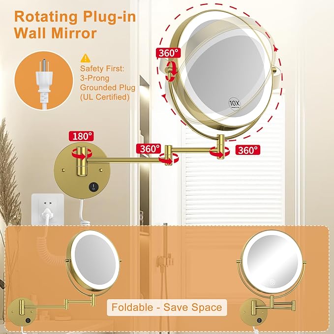 Gospire 9” Wall Mounted Lighted Magnifying Mirror, 1X/10X Magnification Double-Sided LED Bathroom Mirror, 3 Color Lights & Stepless Dimming with Touch Sensor, Extendable Arm 360° Swivel for Shaving