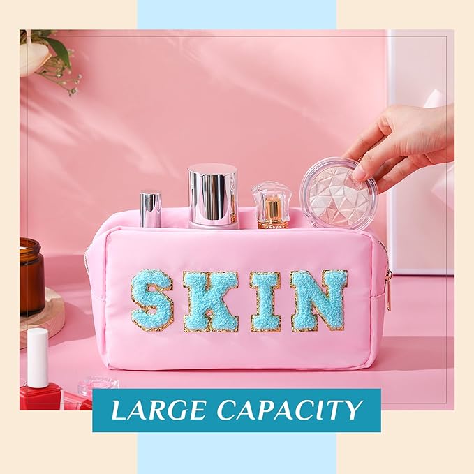 Cunno 4 Pcs Preppy Makeup Bags Chenille Letter Stuff Bag Nylon Cosmetic Pouch Cases with Zipper for Women Travel Toiletry