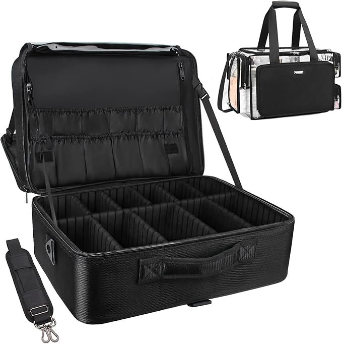 Relavel Extra Large Makeup Case and Clear Makeup Bag, Travel Cosmetic Train Case Professional Makeup Artist Bag with Adjustable Dividers and Shoulder Strap, Portable Nail Organizer Box (Black)