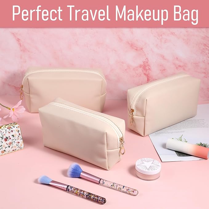 8 Pcs Makeup Bag Pu Leather Cosmetic Pouch Waterproof Small Toiletry Bag Portable Cosmetic Organizer Water Resistant Storage Purse for Lady Women Daily Storage Travel Organizer (Beige,Medium)