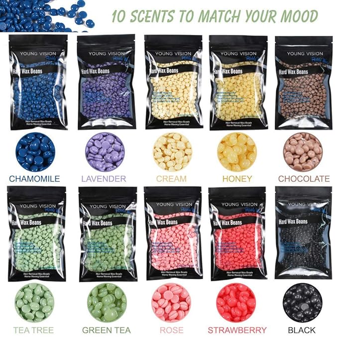 YOUNG VISION Hard Wax Beads for Hair Removal, 2.2lbs 1000g Refill Waxing Beads for Sensitive Skin Women, Face, Brazilian, Bikini, Body, Soft and Painless Waxing Beans, 10 Packs, Multi Color