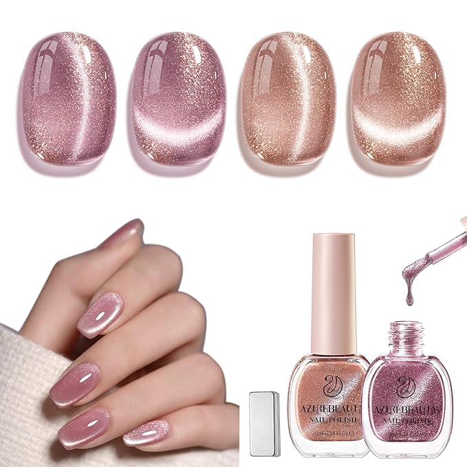 AZUREBEAUTY Cat Eye Nail Polish Set Quick Dry Nude Purple Glitter 2 Colors Nail Lacquer Natural Shine DIY Salon Home Women Gifts 2Pcs 0.34oz