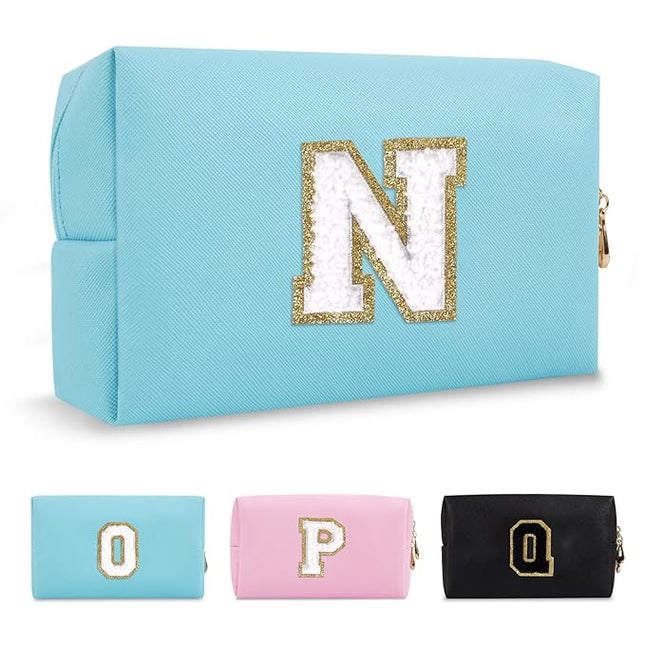 Small Personalized Initial A-Z Preppy Patch Makeup Bag,PU Chenille Letter Travel Cosmetic Pouch with Zipper,Blue Cute Toiletry Bag,Gift Ideal for Teen Girls Women Teacher Bridesmaid,Letter N