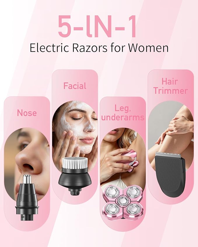 Electric Razors for Women, 5-in-1 Multi-Function Womens Razor with LED Display, Rechargeable Waterproof Electric Shaver, Ideal Travel Trimmer Body Hair Remover for Legs, Face, Armpits &Bikini Area