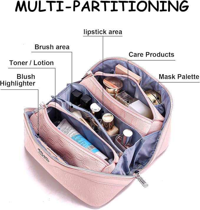 BOYATU Travel Makeup Bag for Women: Cosmetic Organizer Bag with Compartments - Leather Make up Bags Set of 3 (Pink)