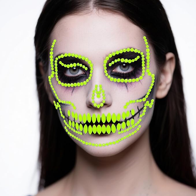 4 Pcs Halloween Face Gems Tattoos,Day of the Dead Face Temporary Skull Halloween Rhinestone Face Jewels Tattoos Body Makeup Stickers for Halloween Rave Party
