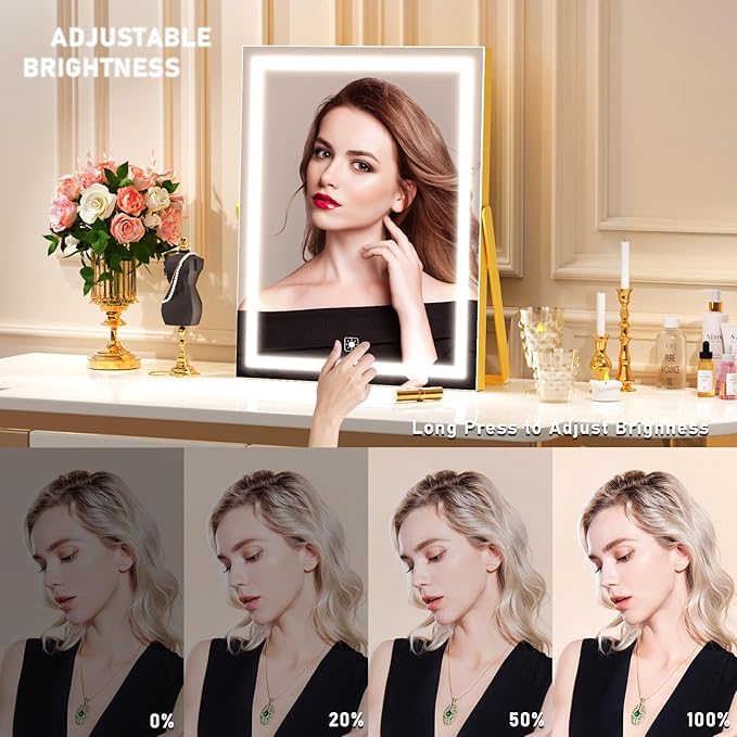 Vanity Mirror with Lights, 11"× 14" LED Makeup Mirror, Lighted Makeup Mirror with Lights, Smart Touch Control Dimmable 3 Modes Light 360°Rotation Gold