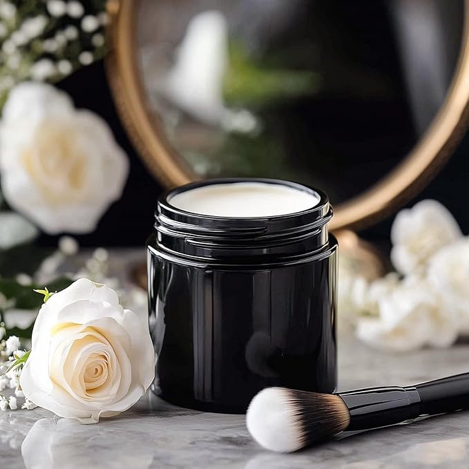 KEYWING 4oz Black Small Glass Jars with Lids, 24 Pack Lotion Containers Round Glass Jar with Inner Liners for Cream, Powders and Ointments