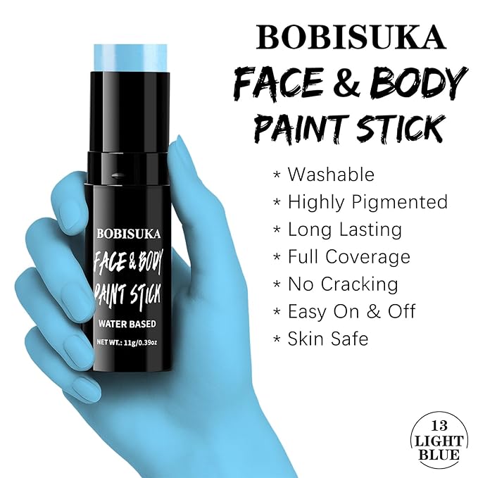 BOBISUKA Light Blue Face & Body Paint Stick Water-Based Washable Face Paint Makeup Stick for Halloween Sally, Corpse Bride, Avatar, Skeleton, Smurf, Cosplay, SFX, Sports Eye Black & Costume Party
