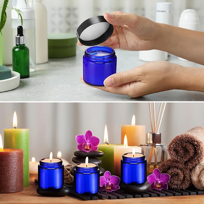 Norme 64 Pcs 4 oz Glass Jars with Lids Leakproof Round Airtight Empty Cosmetic Jars with Inner Liners Lid for Storing Lotions Powder Ointments Candle Making Tins (Blue,Black)