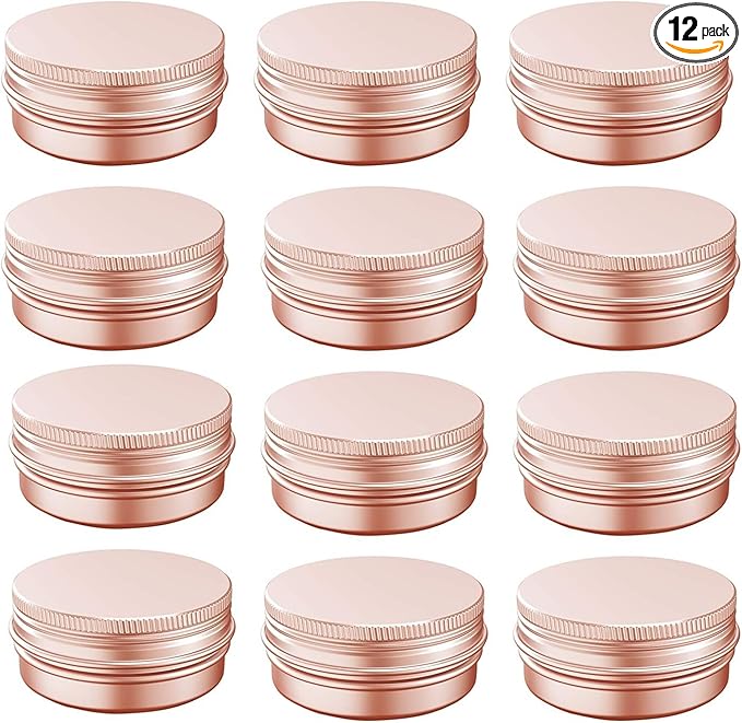 1 oz Aluminum Tin Jar with Screw Cap Refillable Container for Cosmetic, Lip Balm, Cream, Rose Gold 12 Pcs.