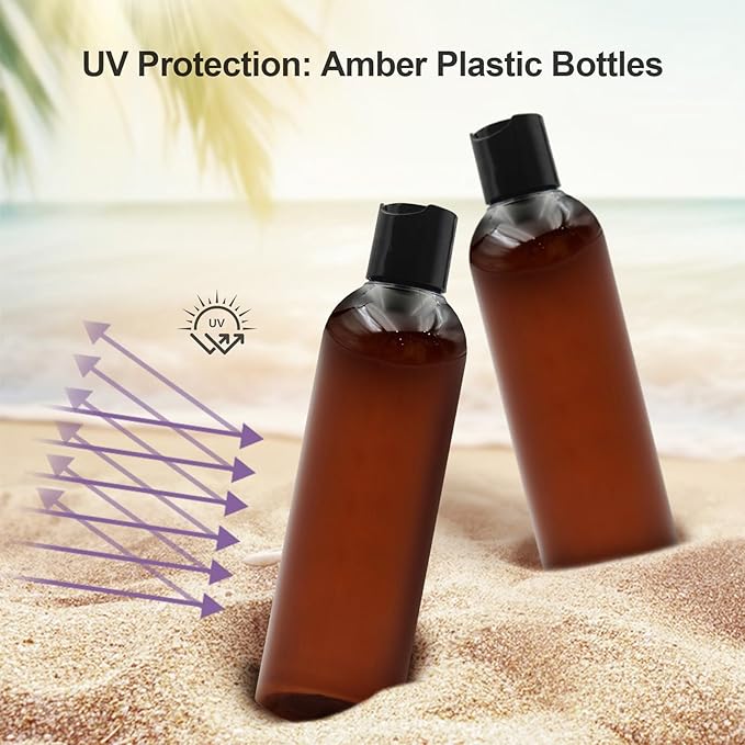 2 Pack 8 oz Amber Plastic Squeeze Bottles with Black Disc Caps Refillable Empty Travel Containers Bottles for Shampoo Conditioner Toiletries Lotions Oils BPA Free