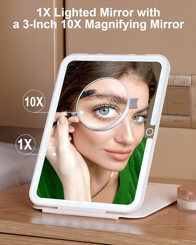 7x9.5 Inches Lighted Travel Mirror with 10X Magnifying Round Mirror, Rechargeable Battery, USB-C Charging, 78 LEDs, Tabletop Mount