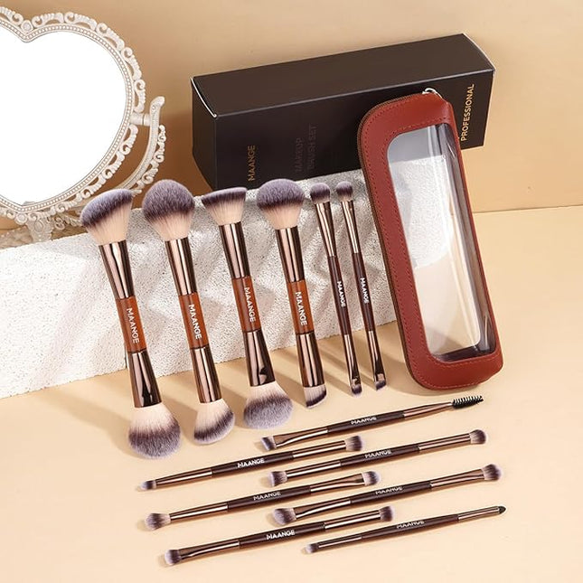 MAANGE 13 Pcs Foundation Makeup Brush Set With Bag, Make up Brushes, Double-End Multi Functional Makeup Brushes, Professional Face Brush Set Tools For Liquid Powder Concealer Cream Blush (Coffee)
