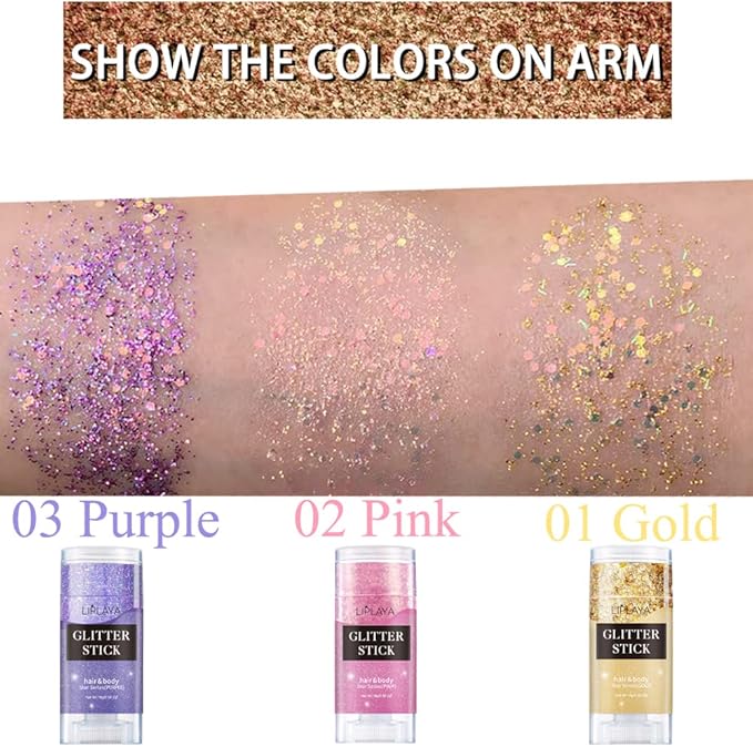Purple Face Body Glitter Stick, Mardi Gras Outfit for Women and Kids,Sparkly Holographic Party Festival Rave Mardi Gras Accessories for Carnival, Chunky Holographic Face Glitter Makeup
