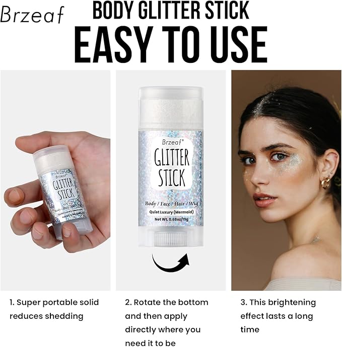 Brzeaf Waterproof Mermaid Glitter Stick, Shimmery& Long Lasting, Hair Eyeshadow Face Body Glitter, Singer Concert Music Rave Festival, Glitter Stick Makeup for Women Men