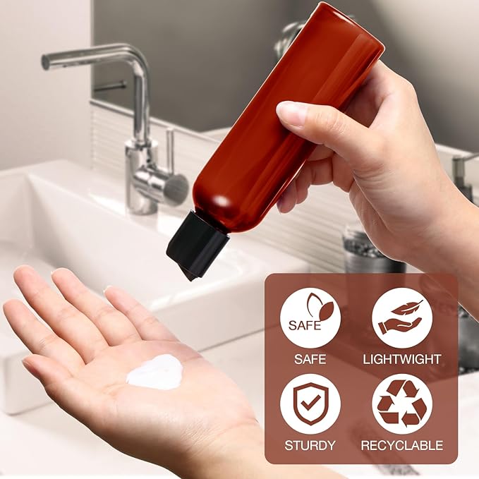 30 Pack Amber Empty Bottles Plastic Squeeze Bottles with Disc Top Flip Cap Small Empty Travel Squeeze Bottle for Lotions Liquid Body Soap Conditioner Creams(6.8 oz)