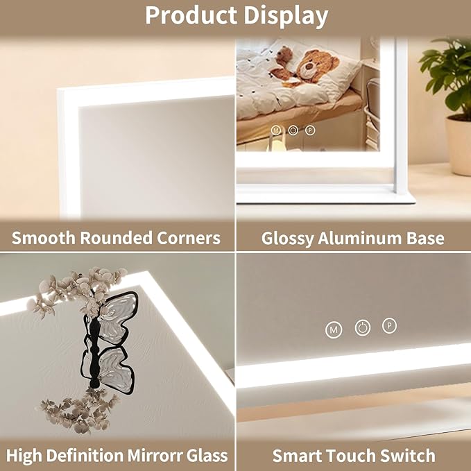 Vanity Mirror with Lights, Three Colors Lighting Mode, 360°Rotation, Lighted Makeup Mirror wih Stand for Desk, Bedroom, Dorm, 11x14.5 Inch