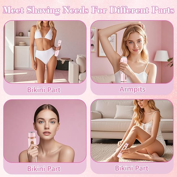 2 in 1 Women Electric Shaver Dual Head Bikini Trimmer for Women, IPX7 Waterproof Wet & Dry Use Painless Electric Razors for Silk Skin, Bikini Underarm Leg Arm Body Face, Pink