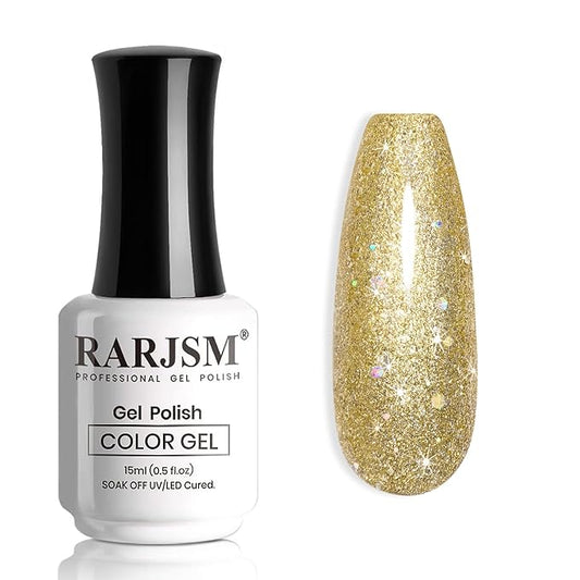 RARJSM Glitter Gel Nail Polish Platinum Gold Metallic Light Gold Iridescent Rainbow Shimmer Flakes Gel Polish Sparkly Chunky Pigments Soak off Led UV Curing Required for Home Salon Manicure Christmas