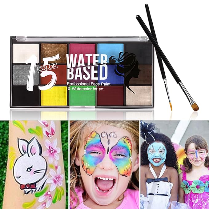Face Painting Kit for Kids Adults, Water Activated Body Face Paint, 15 Colors Water Based Facepaints Fx Makeup Palette ,Non Toxic Hypoallergenic Safe Facepaint for Halloween Party Birthday Cosplay