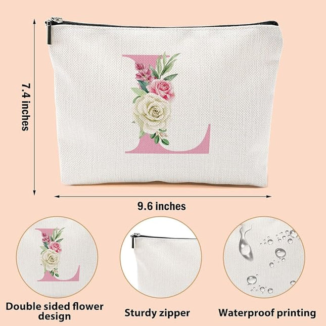 Pink Monogram Makeup Bag, Initial L, Cosmetic Bag Personalized Travel Organizer Bags Makeup Pouch, Monogrammed Gifts for Women Girls Friend Sisters Bestie Bridesmaid Wedding Bridal Shower Gifts