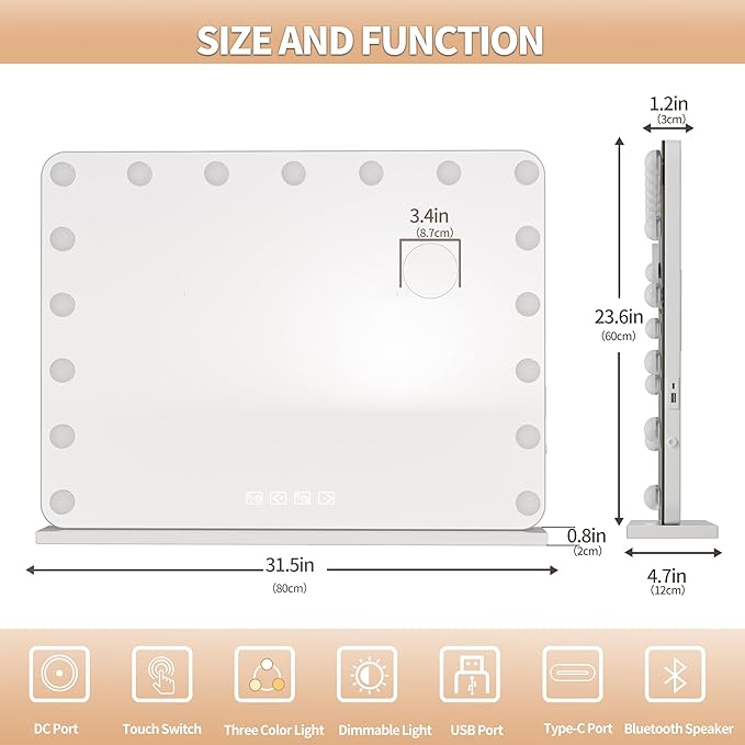 Hasipu Vanity Mirror with Lights and Bluetooth Speaker, 31.5" x 23.6" Hollywood Mirror, Makeup Mirror with 17 Dimmable Bulbs and 10X Magnification, 3 Colors Modes, USB Charging Port, Type-C (White)
