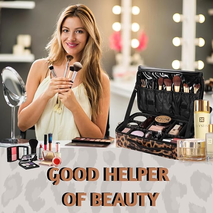 Makeup Case Large Travel Makeup Bag 3 Layers Cosmetic Train Case Cosmetic Organizer Brush Holder Waterproof Makeup Storage Bag with Adjustable Dividers and Shoulder Strap (Leopard)