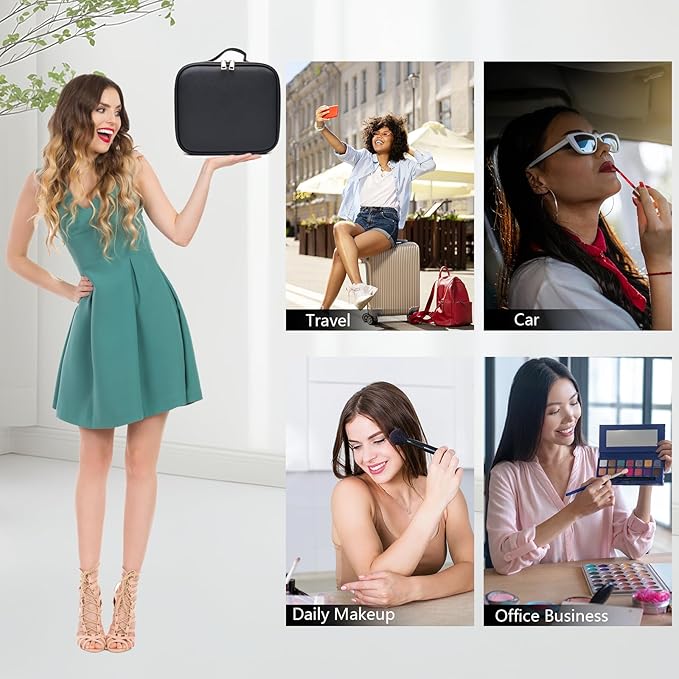 Travel Makeup Bag with LED Mirror with 3 Lighted Settings, Adjustable Dividers, Makeup Brush Storage Bag and Jewelry Case Black